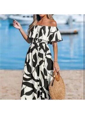 Elegant Black and White Off-Shoulder Dress